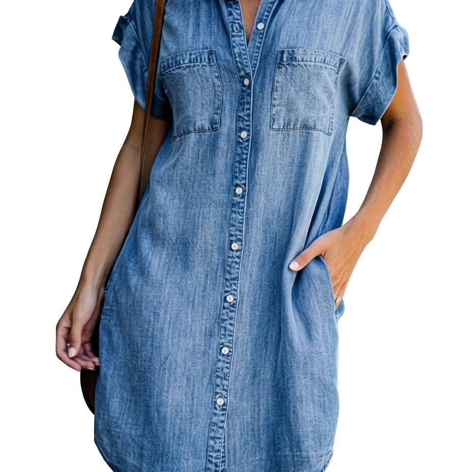 Robe chemise en jean bleu à manches courtes, patte de boutonnage et poches poitrine.