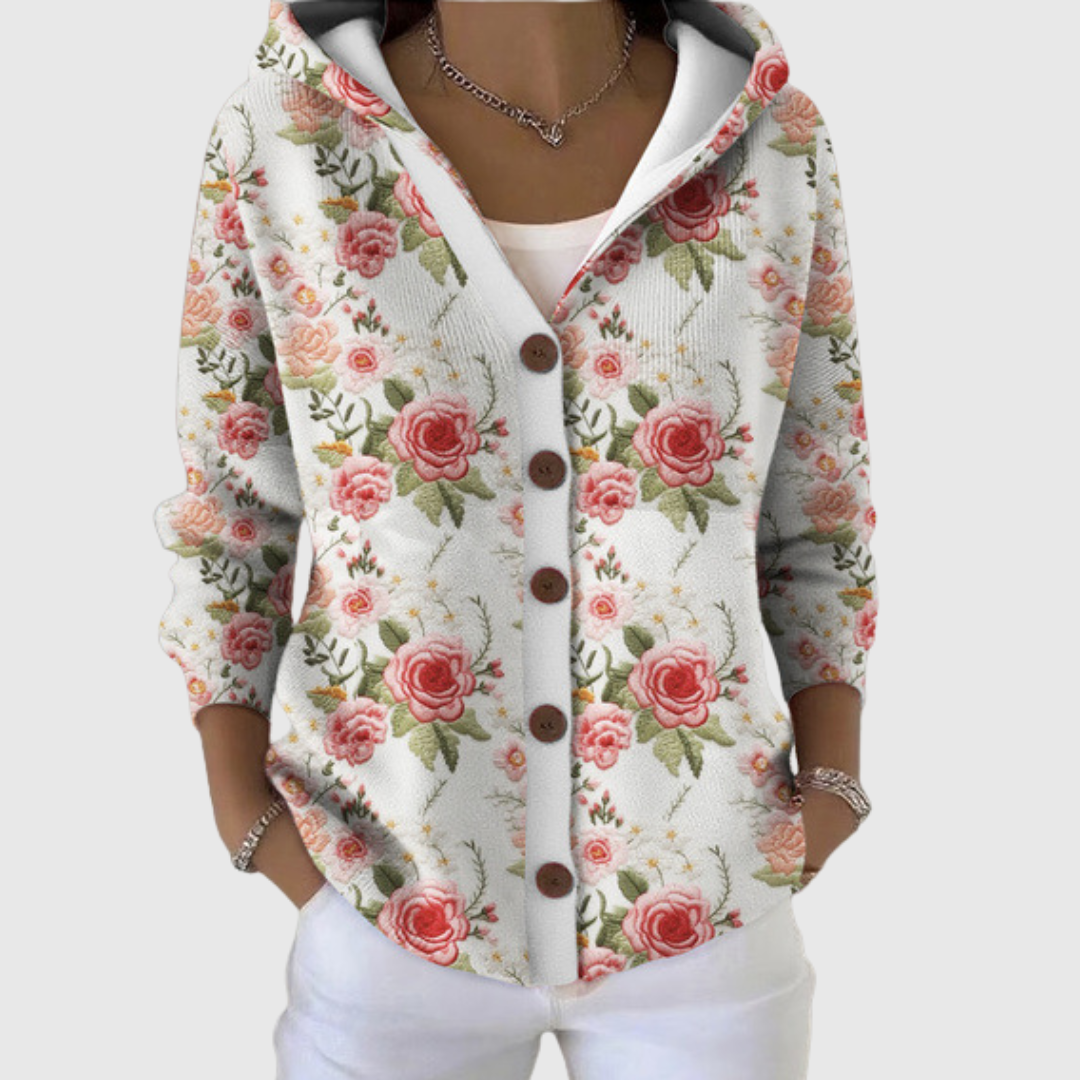Cardigan tricot à capuche, motif floral roses, boutons devant