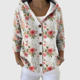 Cardigan tricot à capuche, motif floral roses, boutons devant