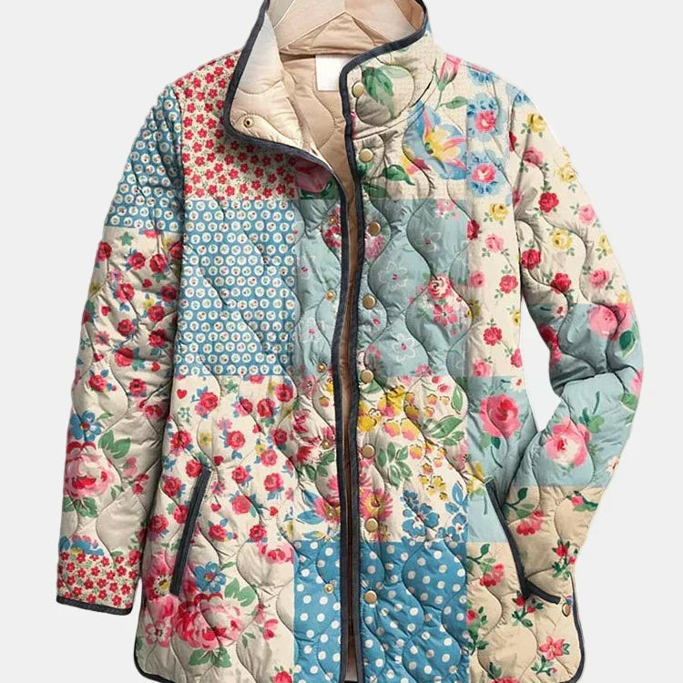 Veste matelassée florale multicolore, col montant, fermeture zippée, coutures en relief