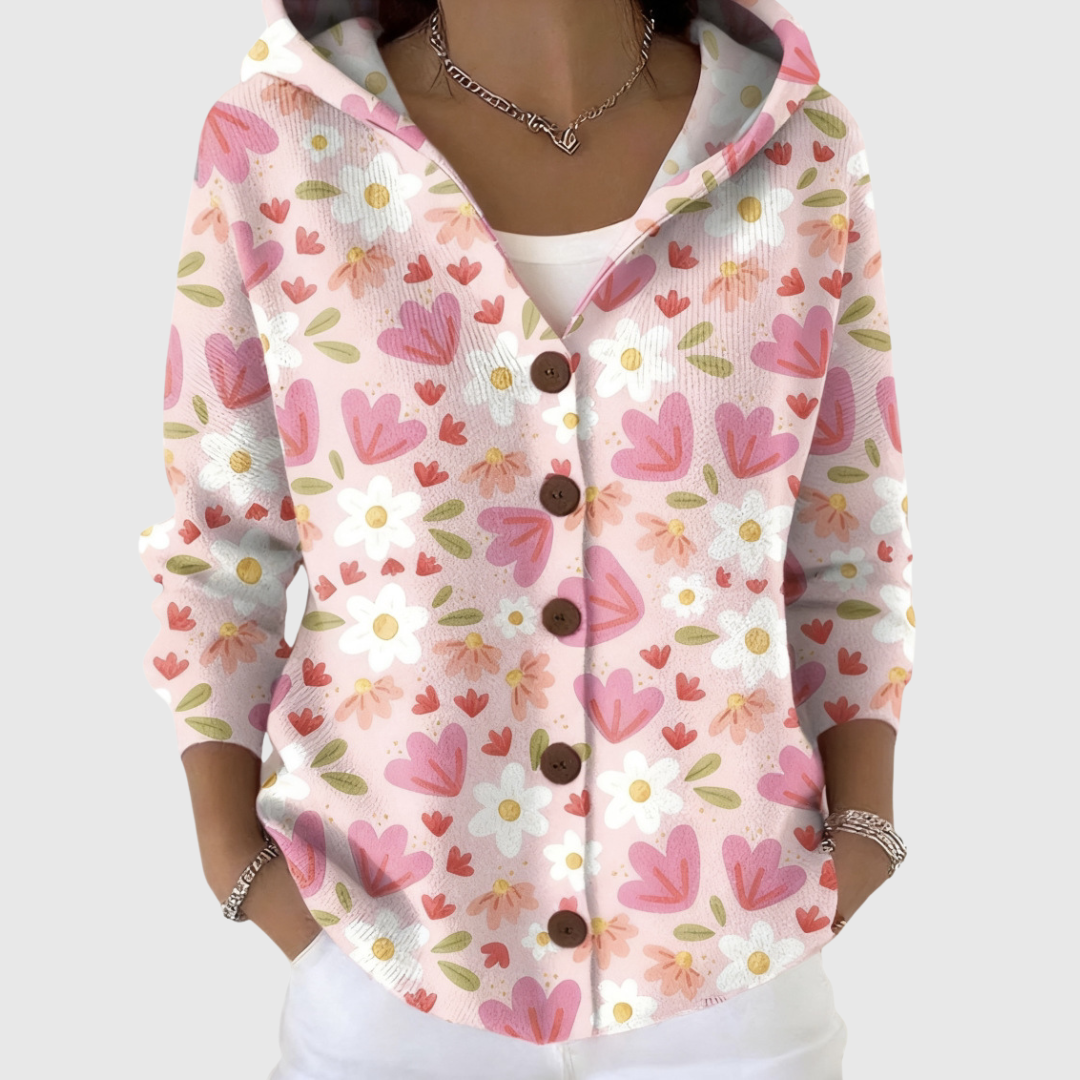 Cardigan à capuche en tricot rose à motifs cœurs et fleurs, boutons devant
