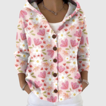 Cardigan à capuche en tricot rose à motifs cœurs et fleurs, boutons devant