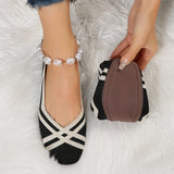 Ballerines noires à rayures blanches, tissu ajouré et semelle brun