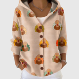 Cardigan à capuche en tricot crème, boutons et motifs poules multicolores