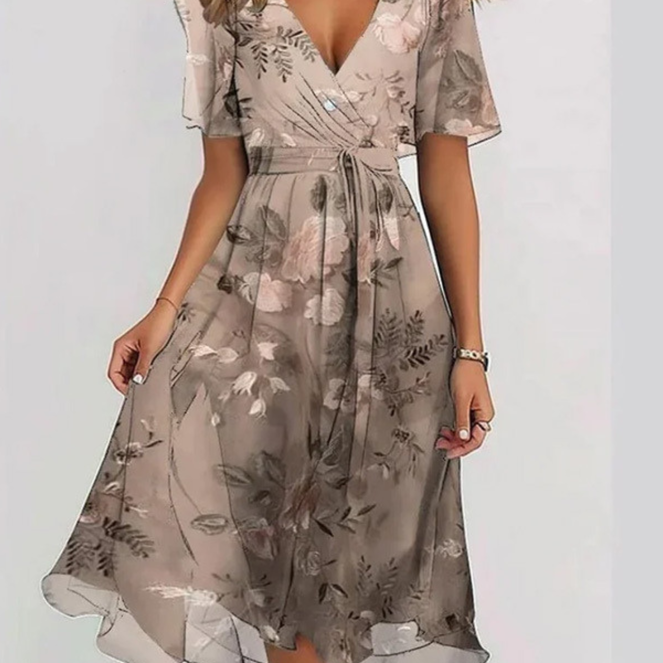 Robe d’été à couverture de ventre, voile beige à fleurs, manches courtes évasées