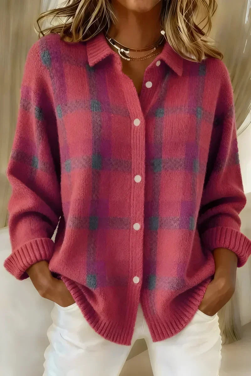 Cardigan à carreaux rose et bleu, col et boutonnage, manches longues côtelées