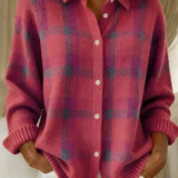 Cardigan à carreaux rose et bleu, col et boutonnage, manches longues côtelées