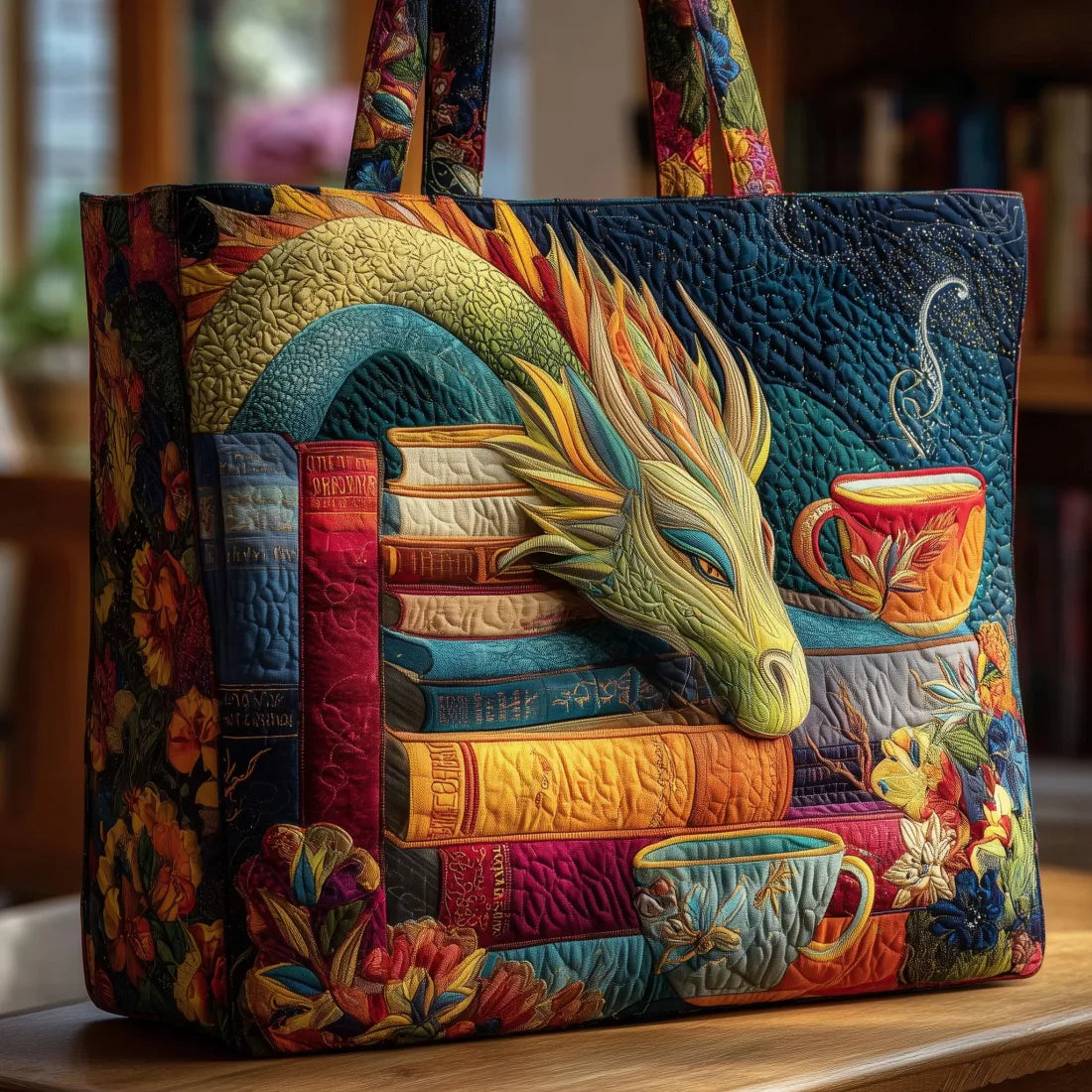 Sac artisanal matelassé au motif dragon lisant des livres et tasses, couleurs vives.