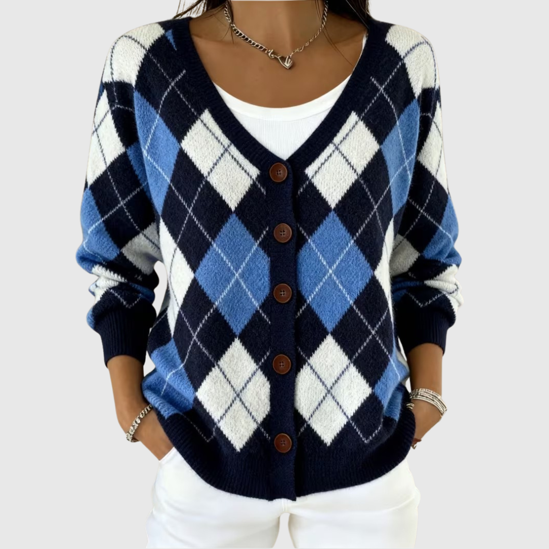 Cardigan en tricot à col V à carreaux bleu, blanc et foncé, avec boutons