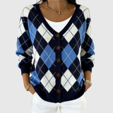 Cardigan en tricot à col V à carreaux bleu, blanc et foncé, avec boutons