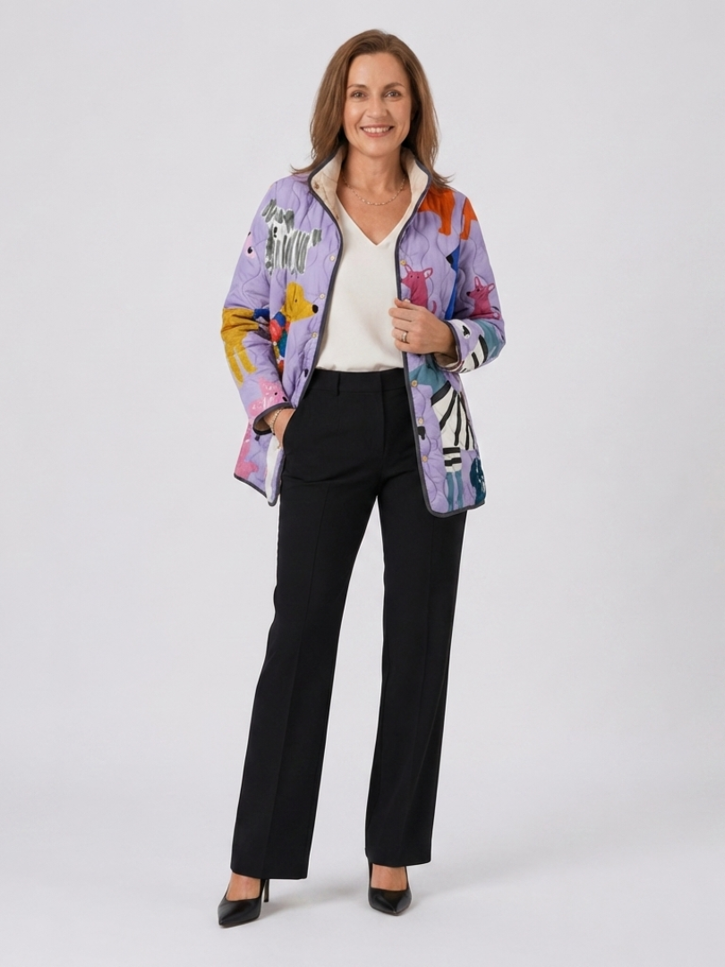Veste matelassée boutonnée violette à imprimé chiens multicolore, col montant