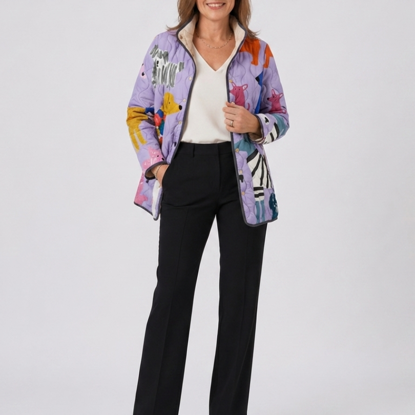 Veste matelassée boutonnée violette à imprimé chiens multicolore, col montant
