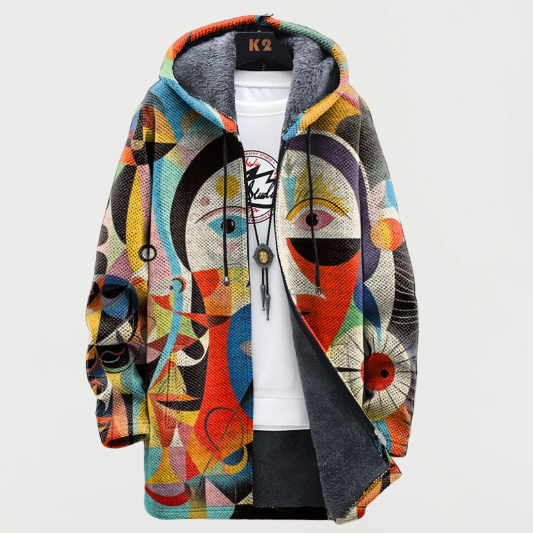Veste à capuche zippée, motif abstrait multicolore (orange et bleu), tissu texturé