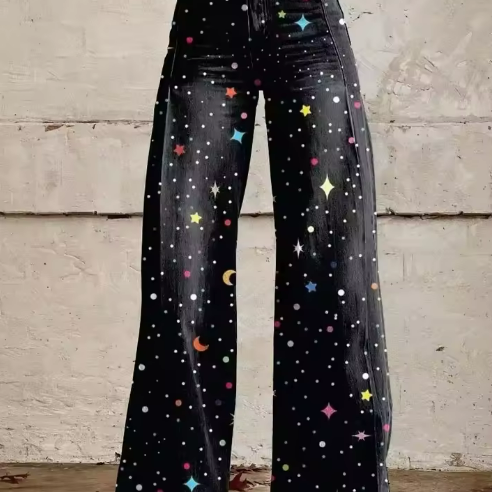 Pantalon bohème Sandrine noir à étoiles multicolores, taille haute, coupe évasée