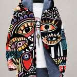 Veste à capuche zippée imprimée multicolore, doublure sombre et cordon.