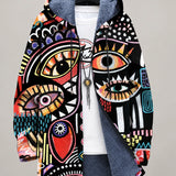 Veste à capuche zippée imprimée multicolore, doublure sombre et cordon.