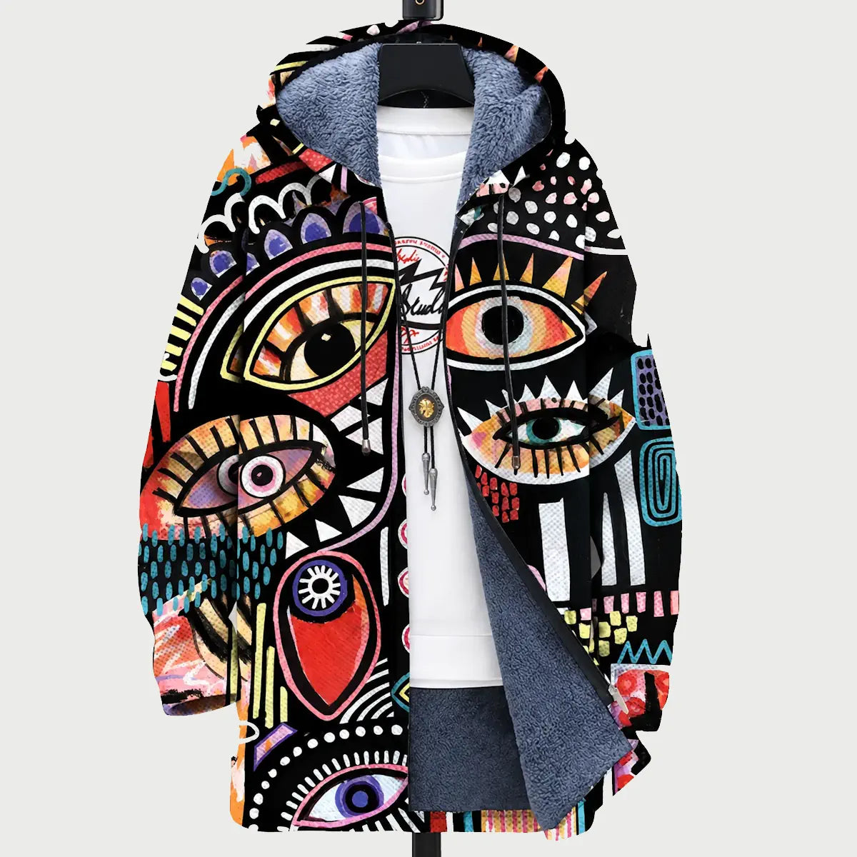 Veste à capuche zippée à imprimé artistique multicolore, capuche doublée gris.
