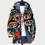 Veste à capuche zippée à imprimé artistique multicolore, capuche doublée gris.