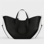 Grand sac cabas en cuir effet lisse noir, anses avec rabat central en U.