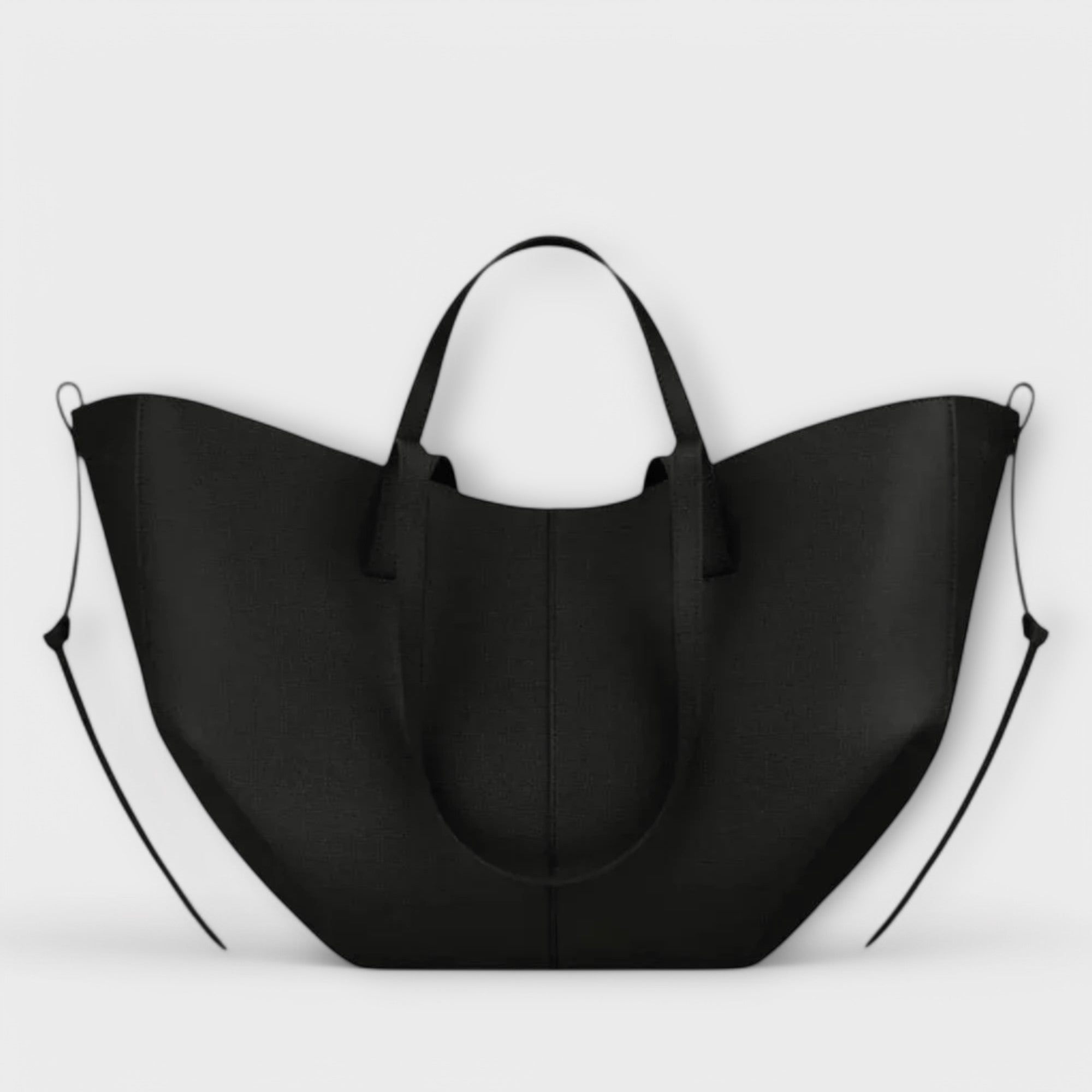 Grand sac cabas en cuir effet lisse noir, anses avec rabat central en U.