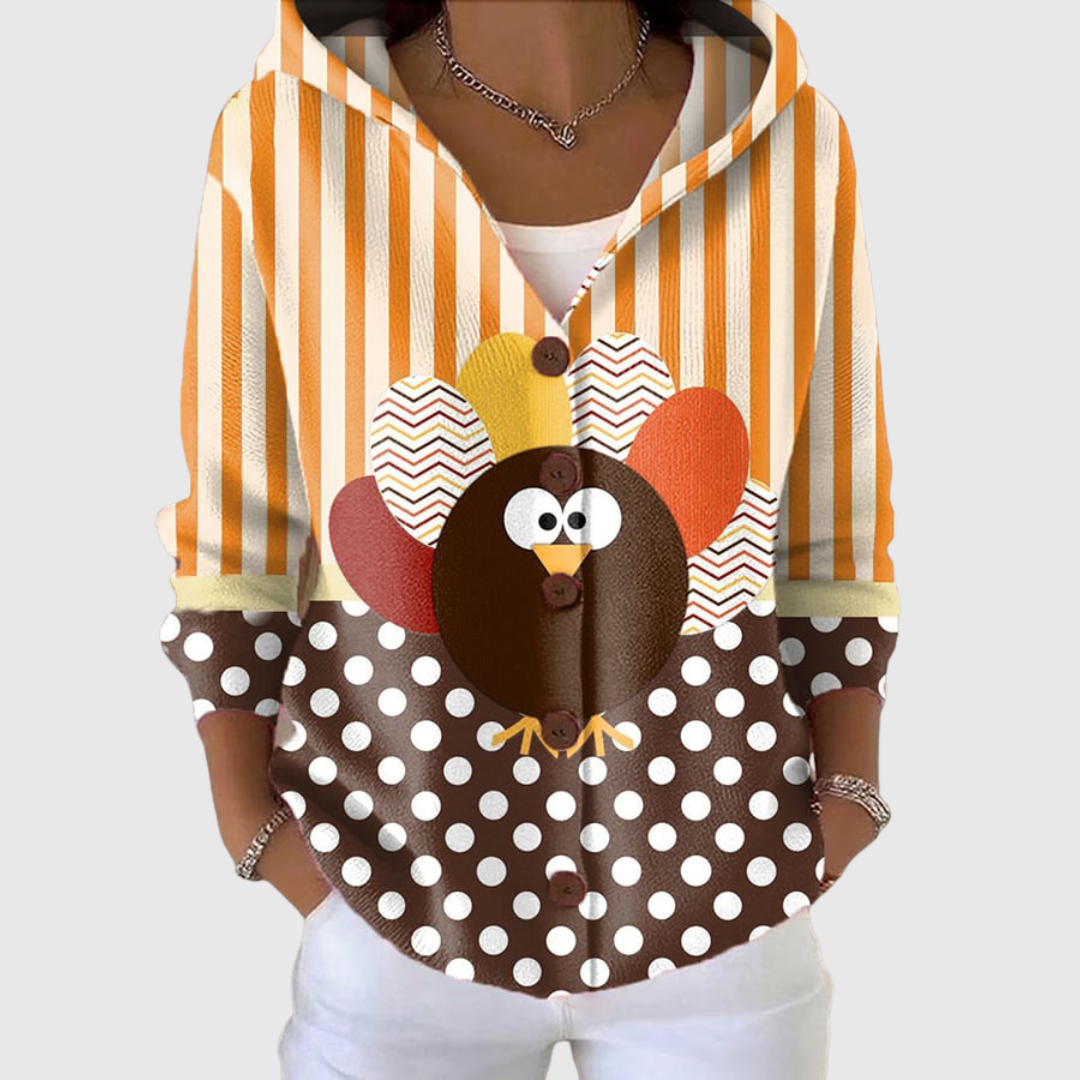 Cardigan en tricot à capuche rayé orange et écru, boutons, grand motif souris marron.
