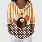 Cardigan en tricot à capuche rayé orange et écru, boutons, grand motif souris marron.