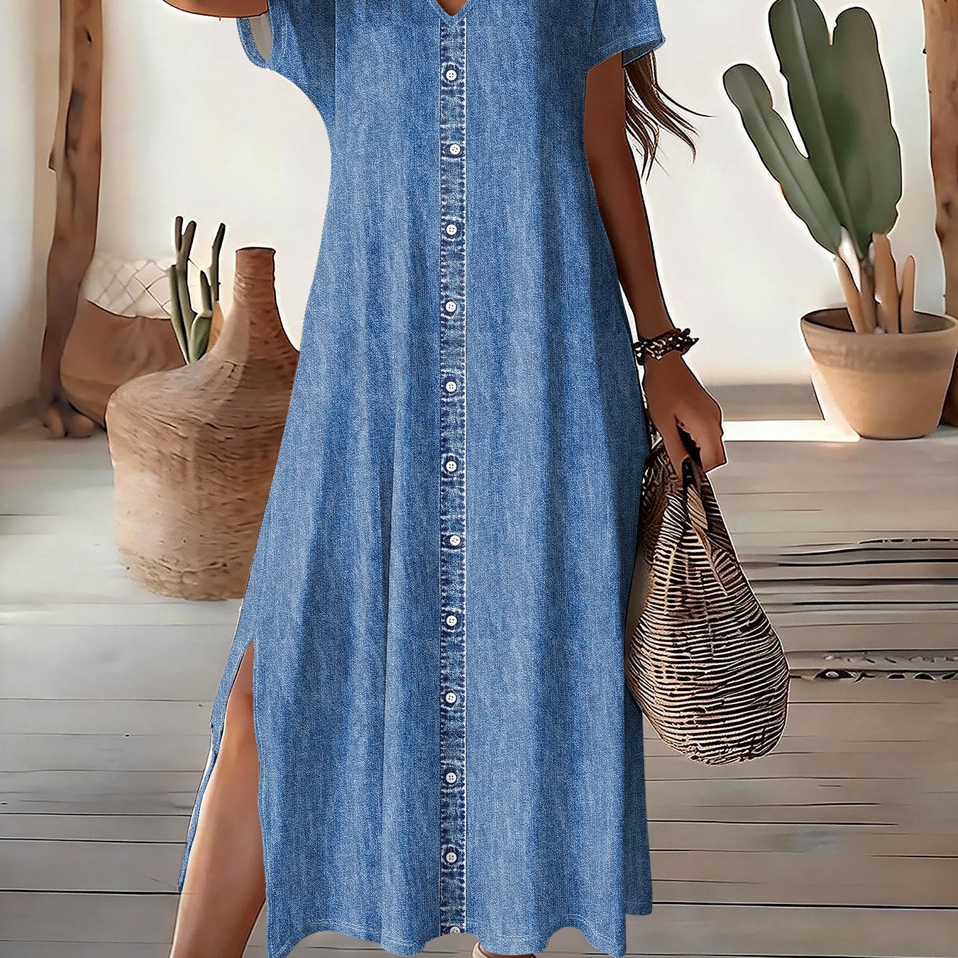 Robe en denim rétro Léontine bleue, devant boutonné et fente latérale.