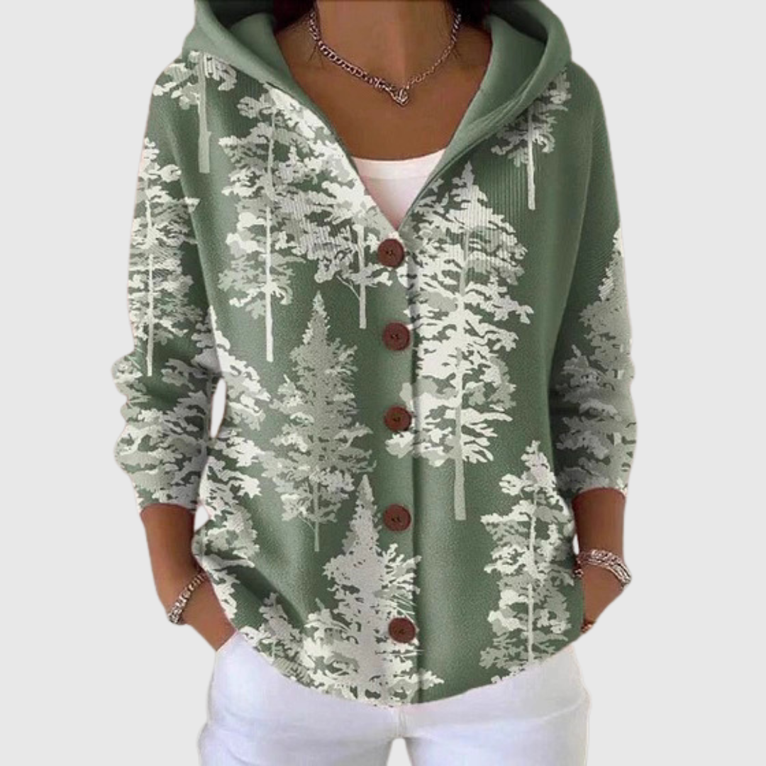 Cardigan à capuche vert foncé motif arbres, boutons marron, manches longues