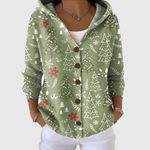 Cardigan à capuche en tricot vert à motifs sapins, fleurs et boutons en bois