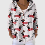 Cardigan en tricot à capuche, gris clair, motifs chiens et boutons