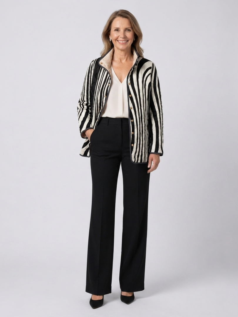 Veste matelassée à motif géométrique noir et blanc, boutonnée, col simple