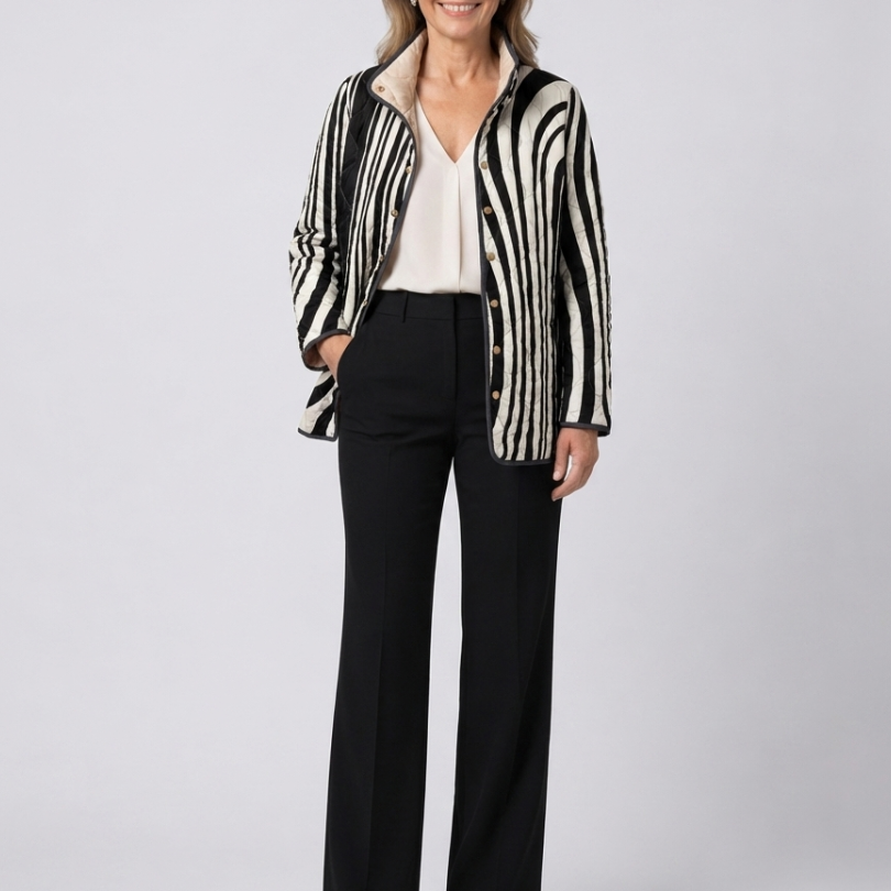 Veste matelassée à motif géométrique noir et blanc, boutonnée, col simple
