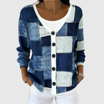 Cardigan en tricot à patchwork bleu et blanc, encolure en V, boutons noirs