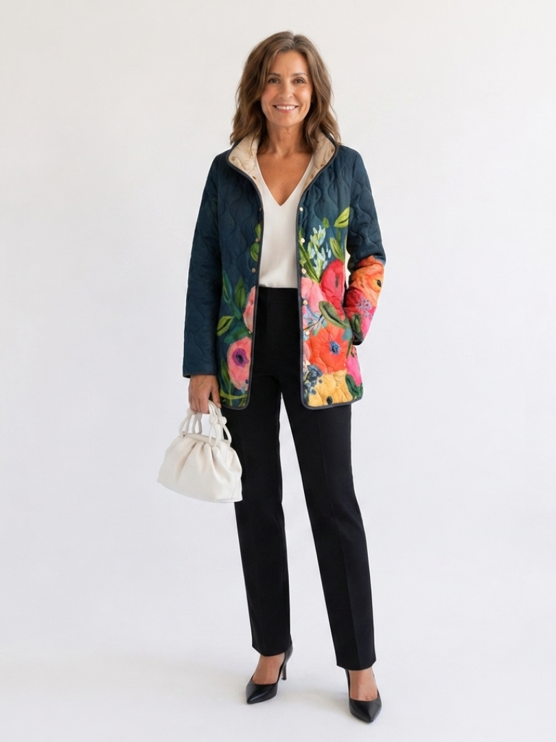 Veste matelassée bleu foncé à imprimé floral vintage multicolore, ouverte sur le devant