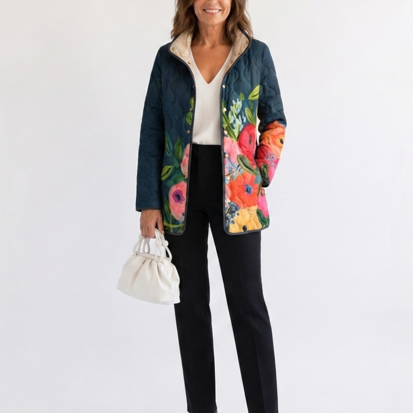 Veste matelassée bleu foncé à imprimé floral vintage multicolore, ouverte sur le devant