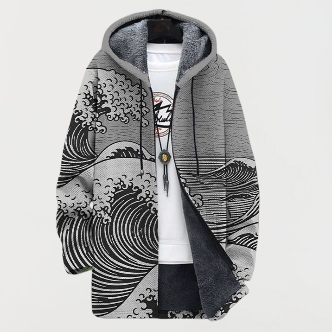 Manteau à motif ondulé gris, capuche bordée bleu clair, fermeture boutonnée.