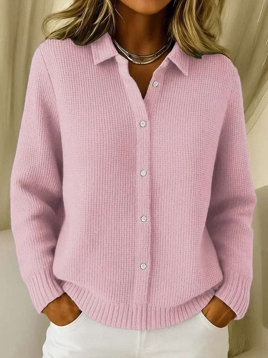 Cardigan texturé à boutons rose, col chemise et poignets côtelés