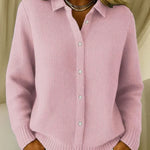 Cardigan texturé à boutons rose, col chemise et poignets côtelés