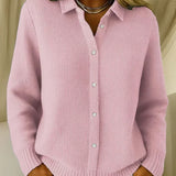 Cardigan texturé à boutons rose, col chemise et poignets côtelés
