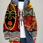 Veste à capuche zippée, imprimé tribal multicolore, doublure polaire bleue.