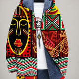 Veste à capuche zippée, imprimé tribal multicolore, doublure polaire bleue.