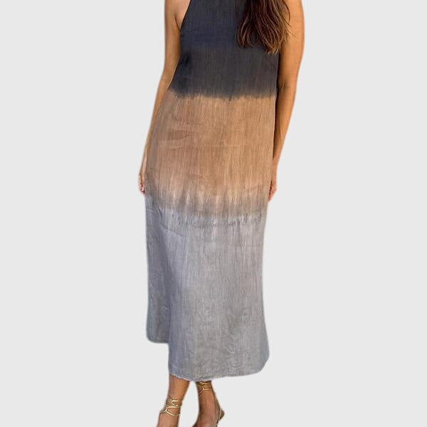 Robe sans manches imprimée dégradé gris clair et beige, encolure ronde, coupe ample