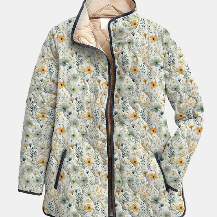 Veste matelassée à capuche, imprimé floral multicolore, fermeture boutonnée, col montant.