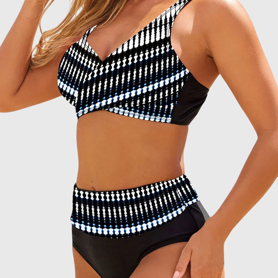 Ensemble de bikini sculptant noir et blanc à rayures avec touches bleues, haut triangle et slip