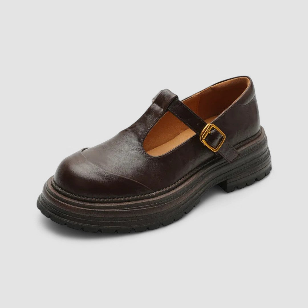 Chaussures salomés marron à bride avec boucle dorée et semelle crantée