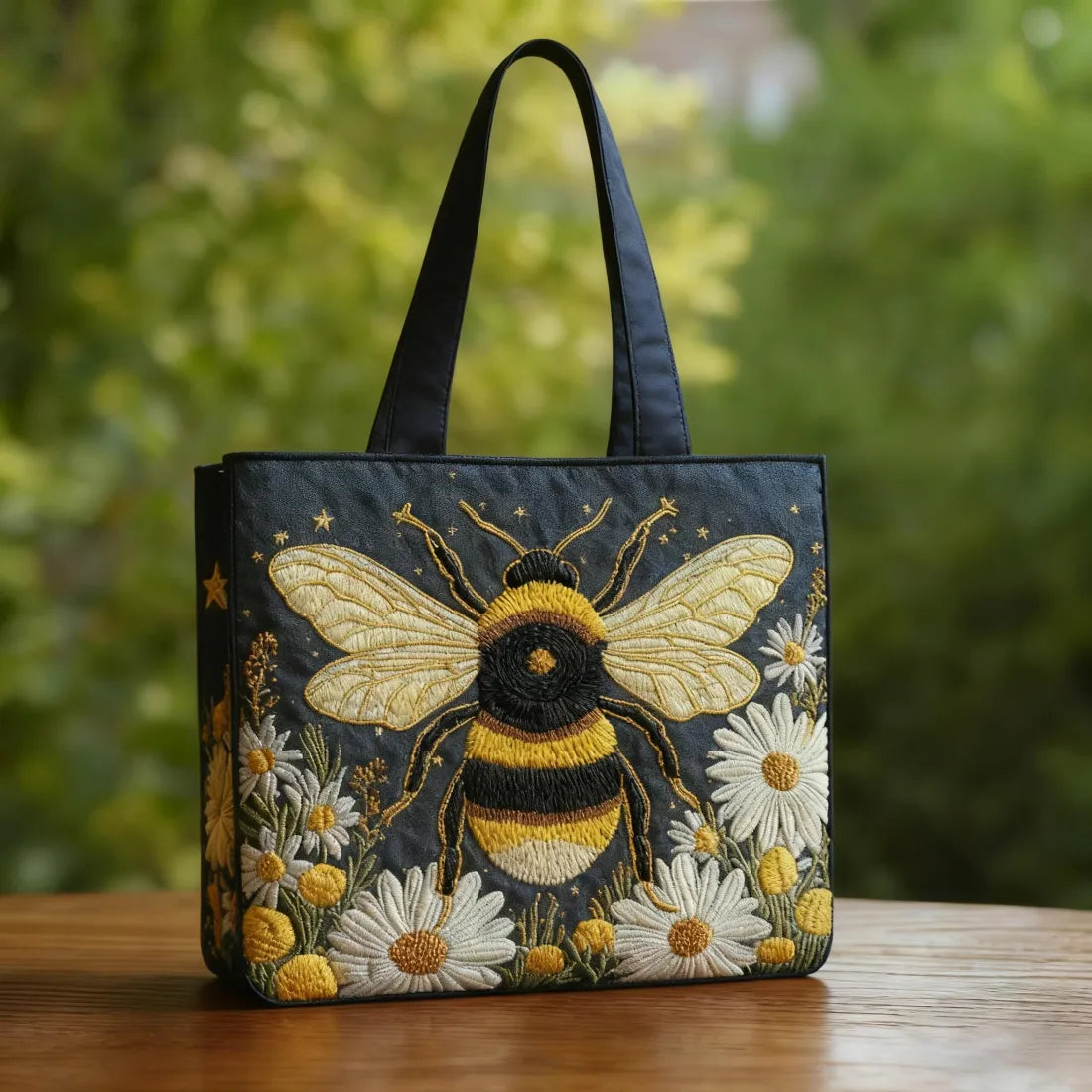 Tote-bag artisanal noir, broderie abeille dorée et marguerites, anses longues