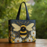 Tote-bag artisanal noir, broderie abeille dorée et marguerites, anses longues
