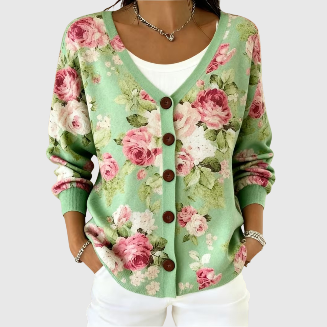 Cardigan en tricot vert à fleurs roses, encolure V, boutons sur l’avant