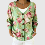 Cardigan en tricot vert à fleurs roses, encolure V, boutons sur l’avant
