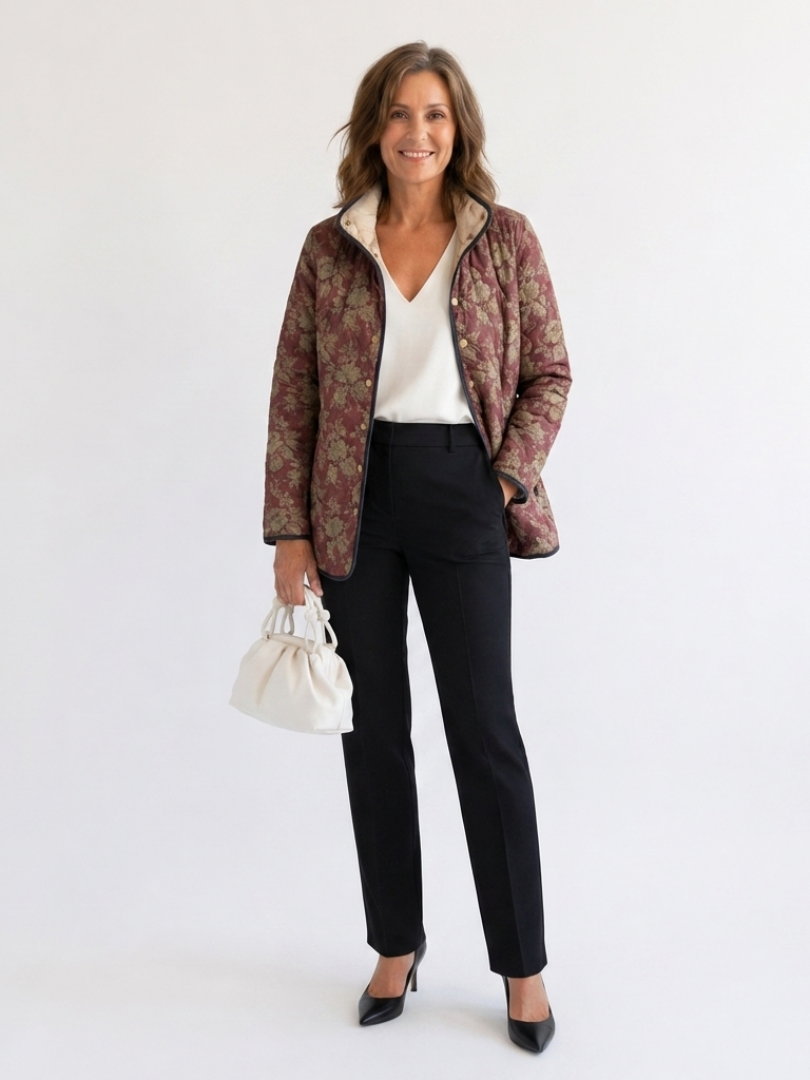 Veste matelassée imprimé floral rétro bordeaux, col et fermeture à boutons, poches